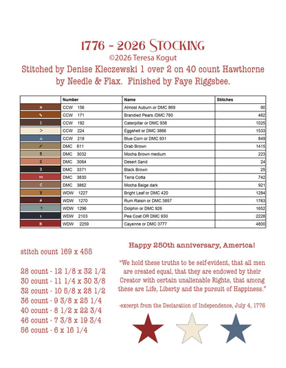 1776-2026 Stocking ~ Teresa Kogut ~ Cross Stitch Pattern