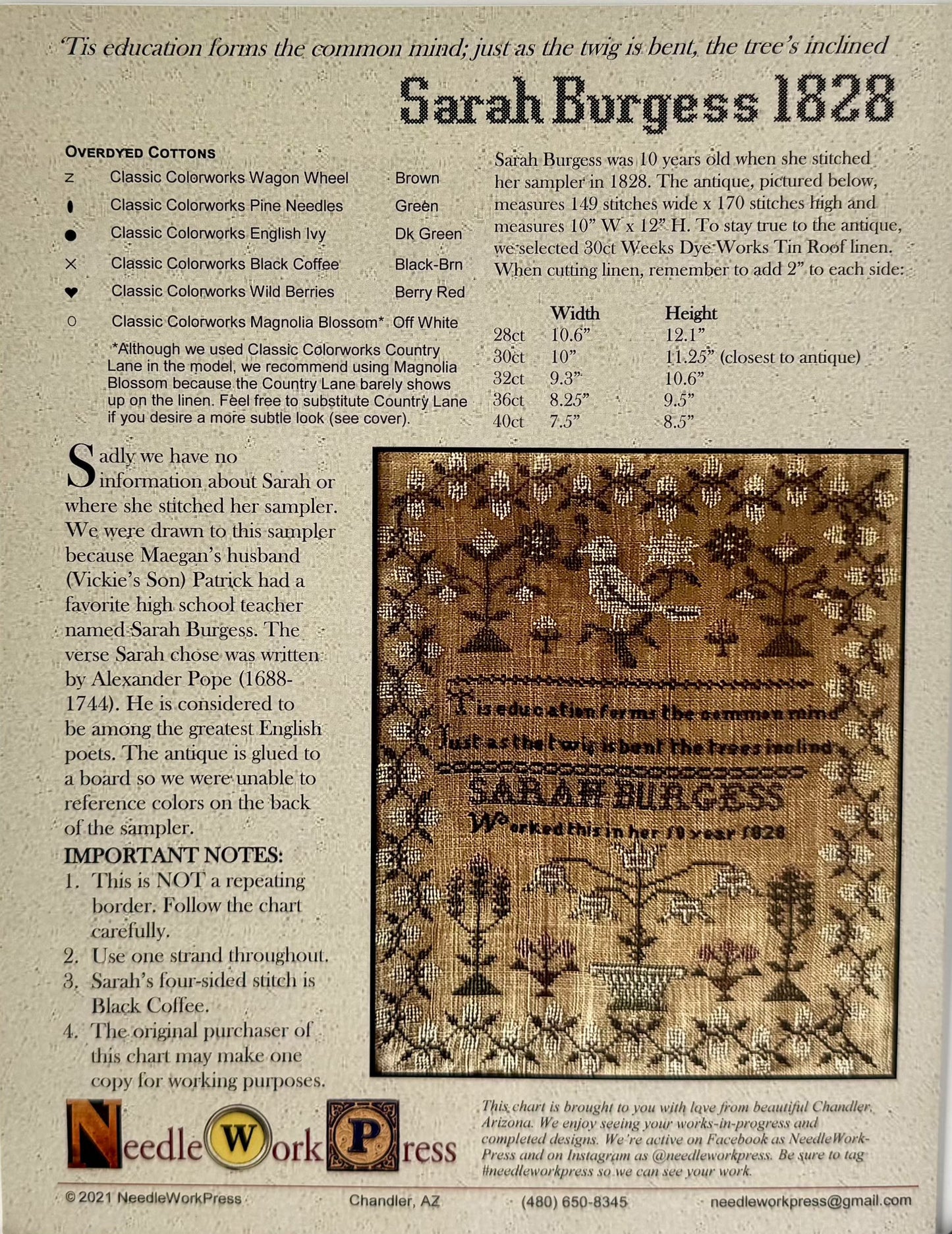 Sarah Burgess 1828 ~ NeedleWork Press