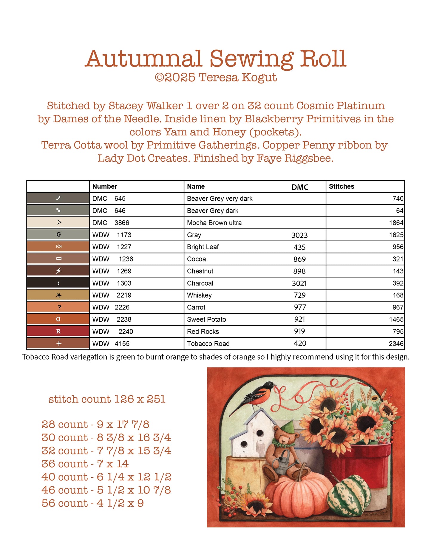 Autumnal Sewing Roll ~ Teresa Kogut ~ Cross Stitch Pattern