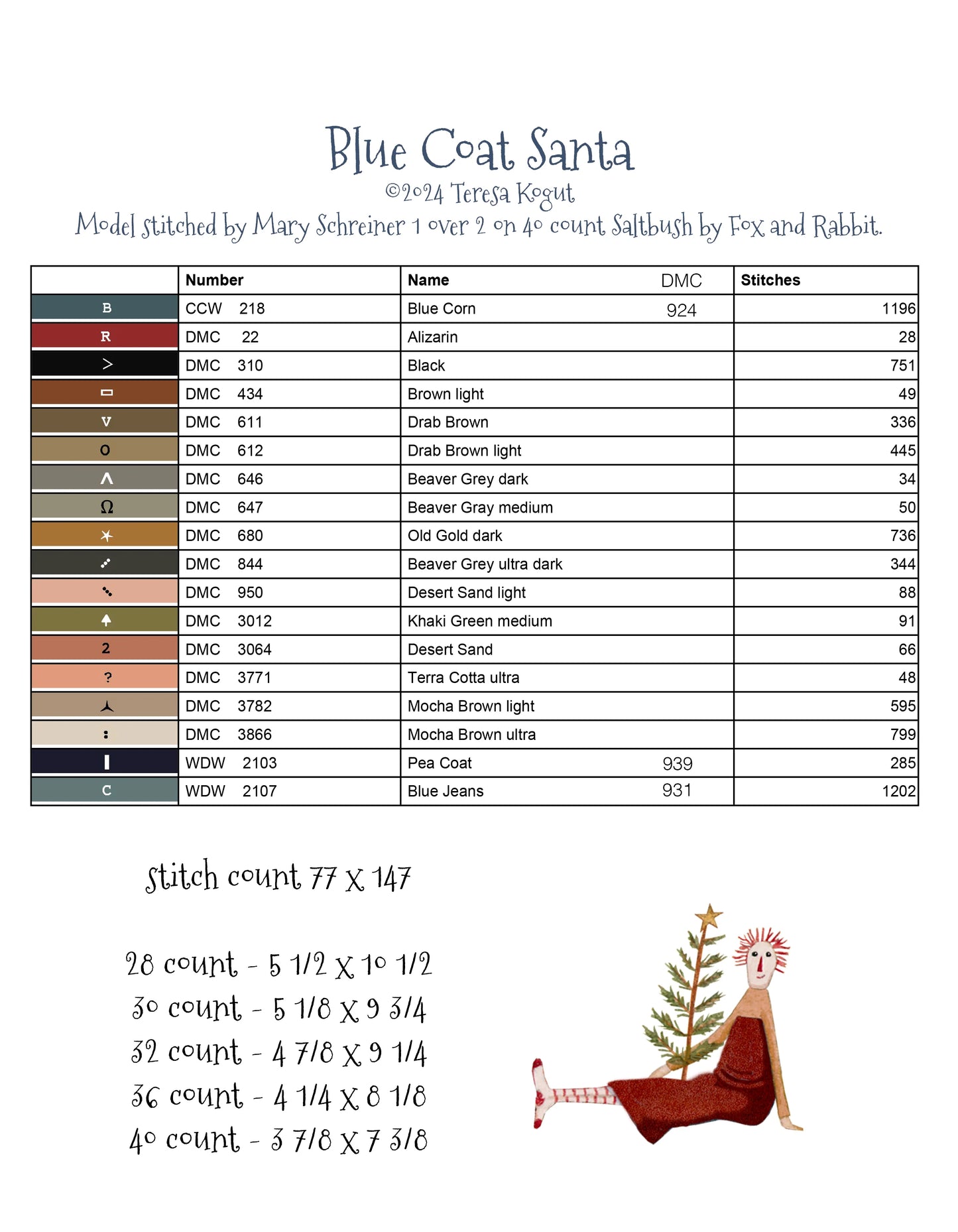 Blue Coat Santa ~ Teresa Kogut ~ Cross Stitch Pattern